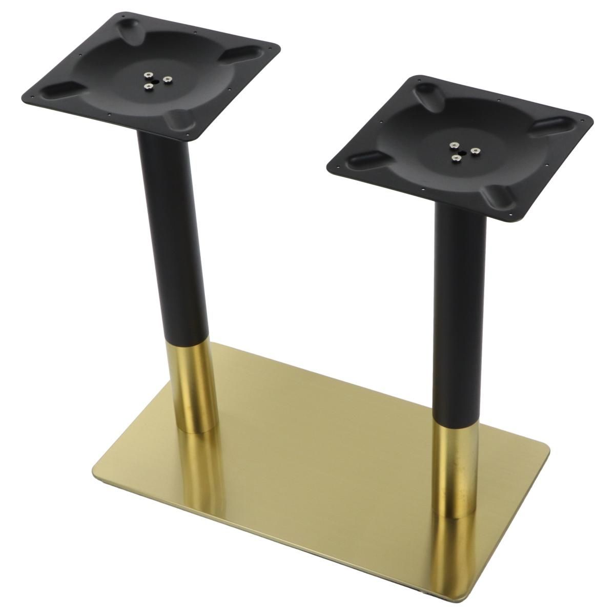 Elegancka podstawa do stolika wykonana ze stali nierdzewnej w kolorze złotym w połączeniu z elementami ze stali w kolorze czarnym.